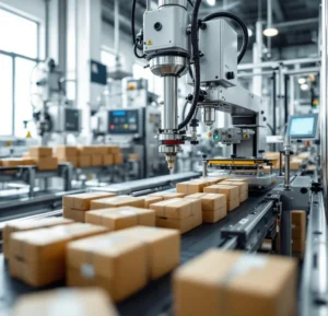 Automated packaging machine and conveyor belt efficiently packing products.